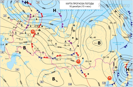 Анализируя карту прогноза погоды на ... декабря, сравните количество осадков в точках, обозначенных на картах цифрами ... и ...